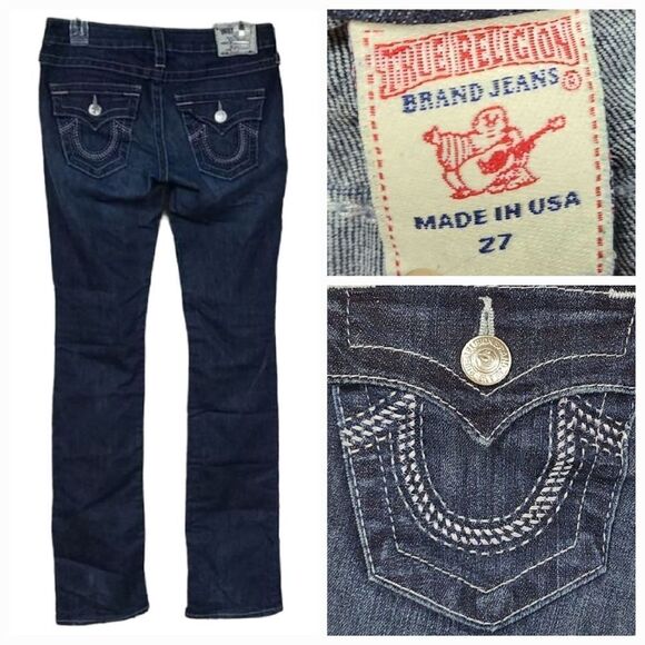 True Religion Women's Billie Straight Jean with Flap Mid-Rise Dark Blue Denim 27 - Picture 1 of 11